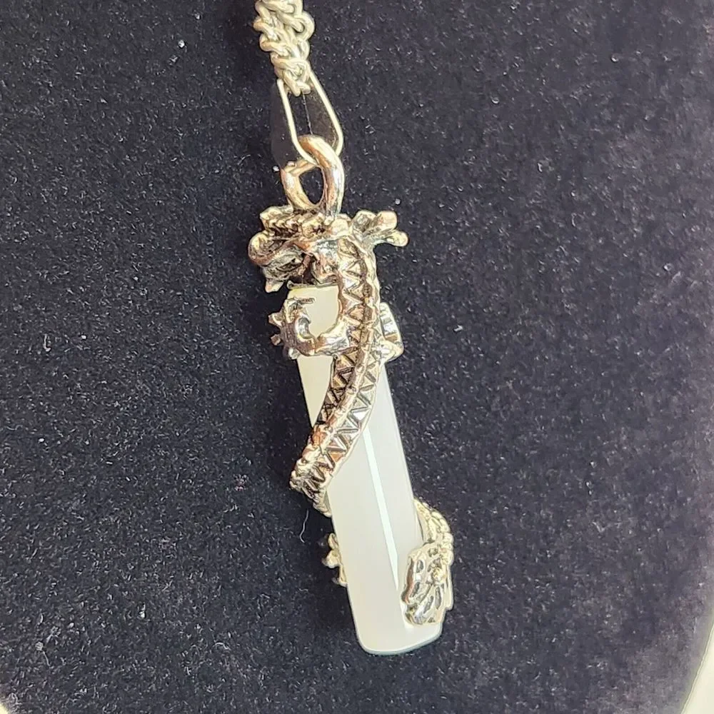 Stainless Steel‎ Necklace Silver Dragon Wrap Around Clear Crystal Stone Pendant